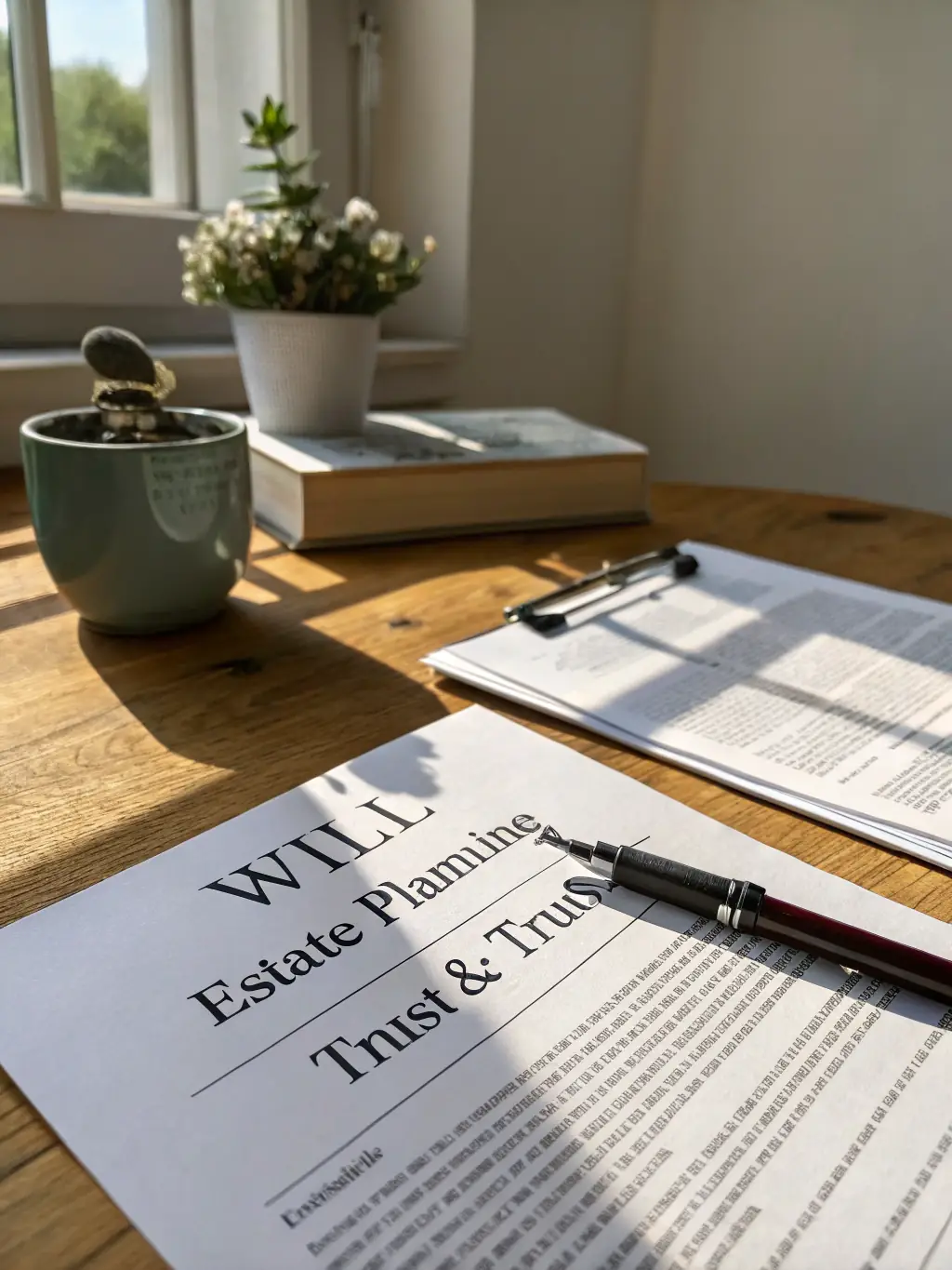 A professionally staged photo of a last will and testament document resting on a mahogany desk, with a high-quality pen placed on top, symbolizing careful planning and legal precision.